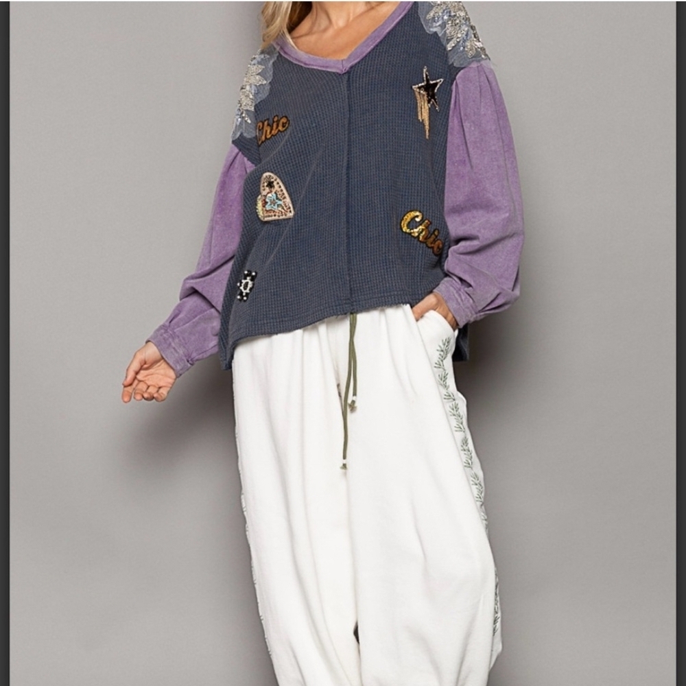 NEW!!! POL Embroidered Purple and Blue Blouse with Sequins, Sz Large - Picture 5 of 5